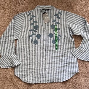 Gray Striped Floral Women's Button Down Shirt